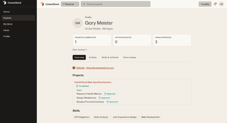 Gary Meister’s CareerStack profile, with completed projects and skills